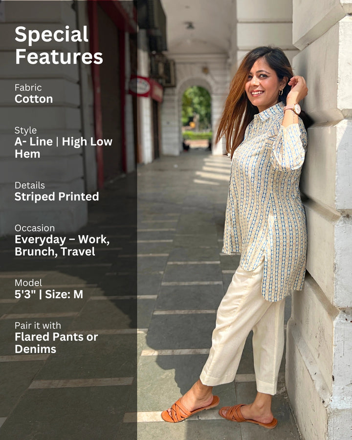 Blue Ivory Printed Long Cotton Shirt For Women