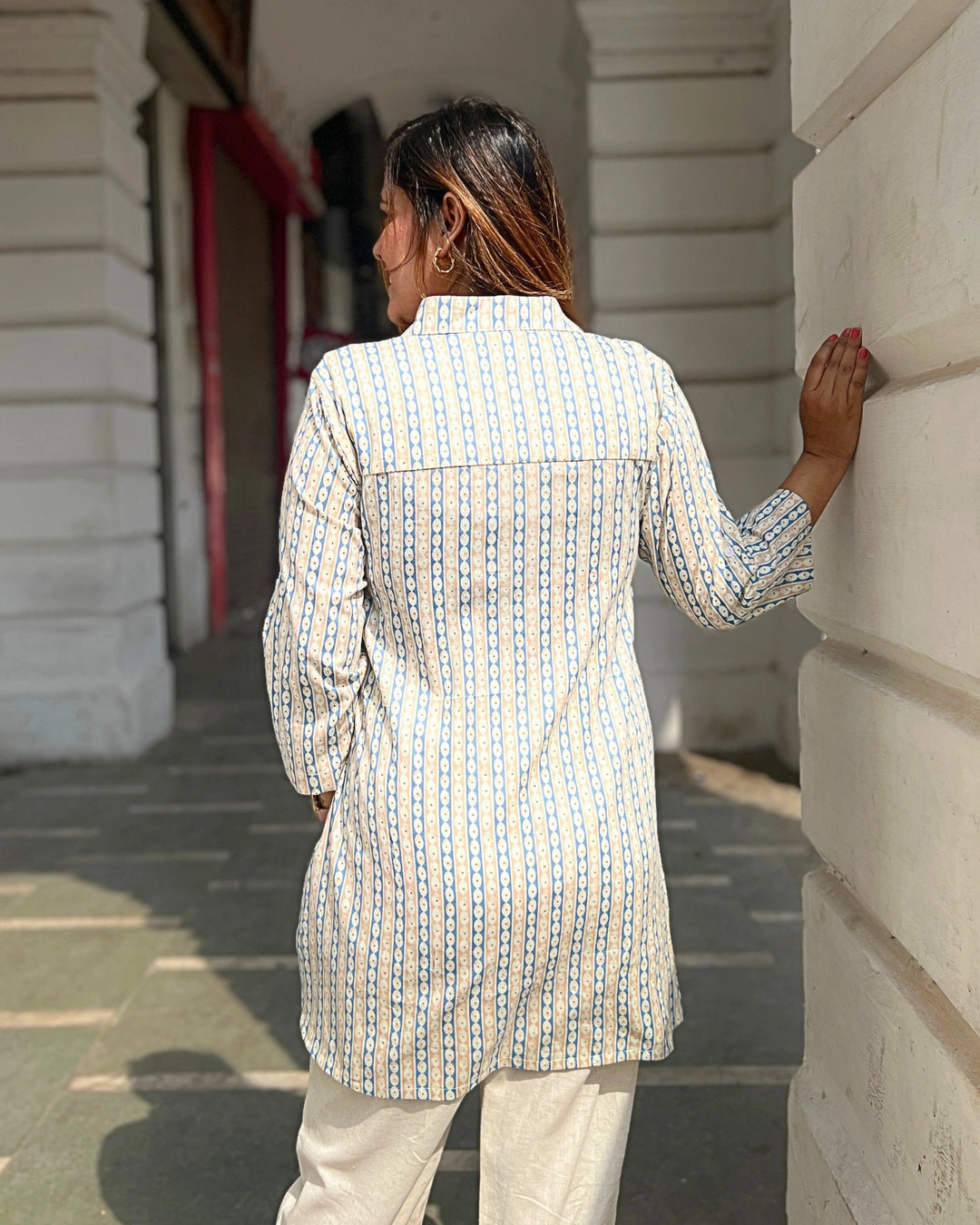 Blue Ivory Printed Long Cotton Shirt For Women
