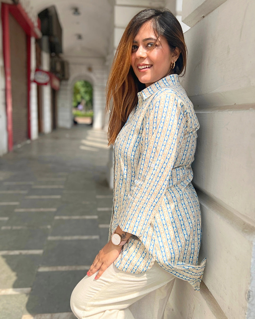 Blue Ivory Printed Long Cotton Shirt For Women