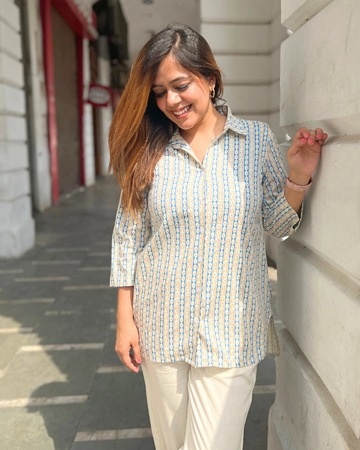 Blue Ivory Printed Long Cotton Shirt For Women