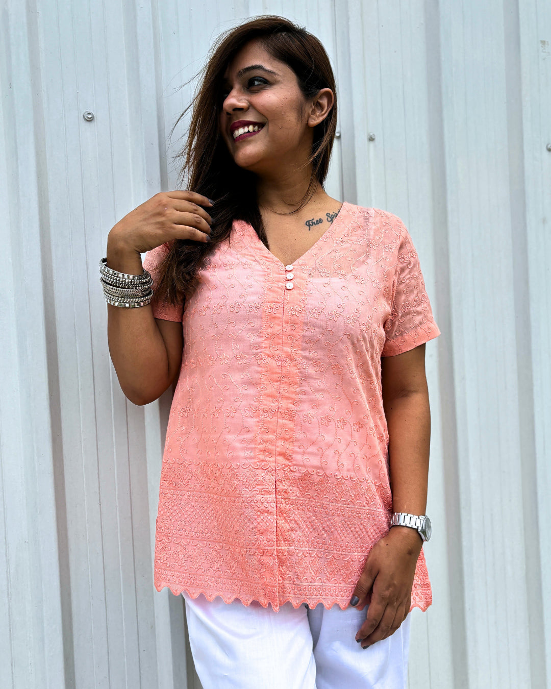 Peach Cotton Embroidered Chikankari Short Kurti