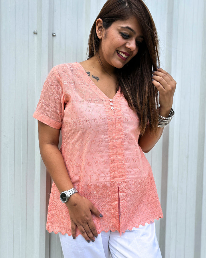 Peach Cotton Embroidered Chikankari Short Kurti