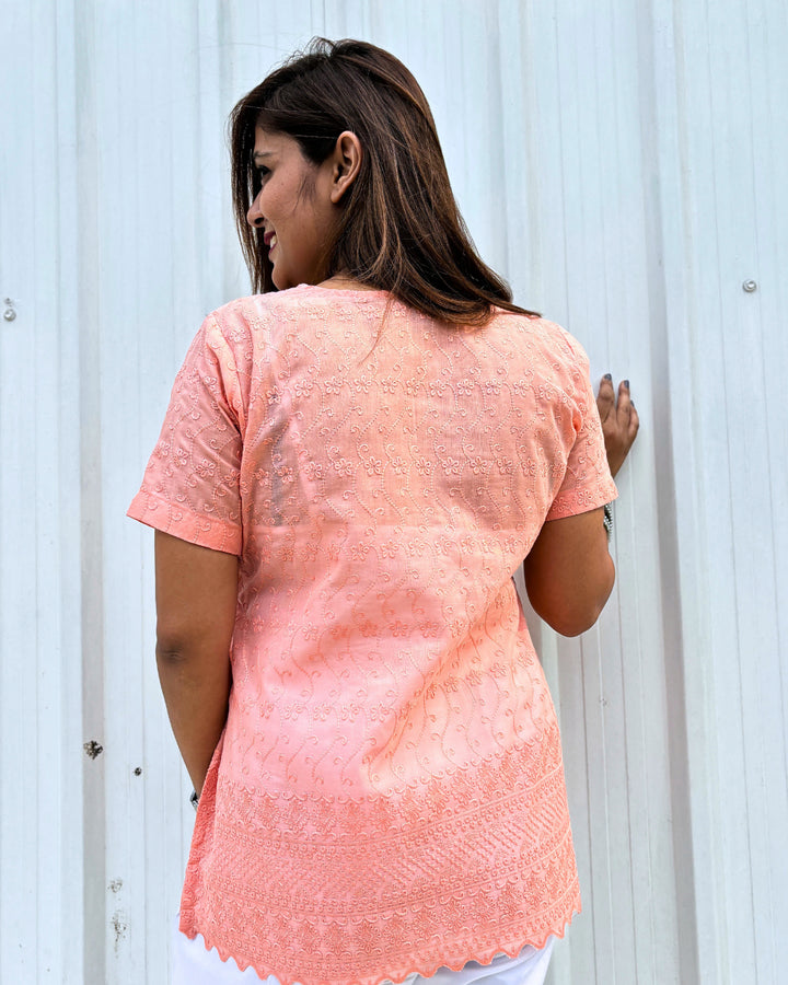 Peach Cotton Embroidered Chikankari Short Kurti