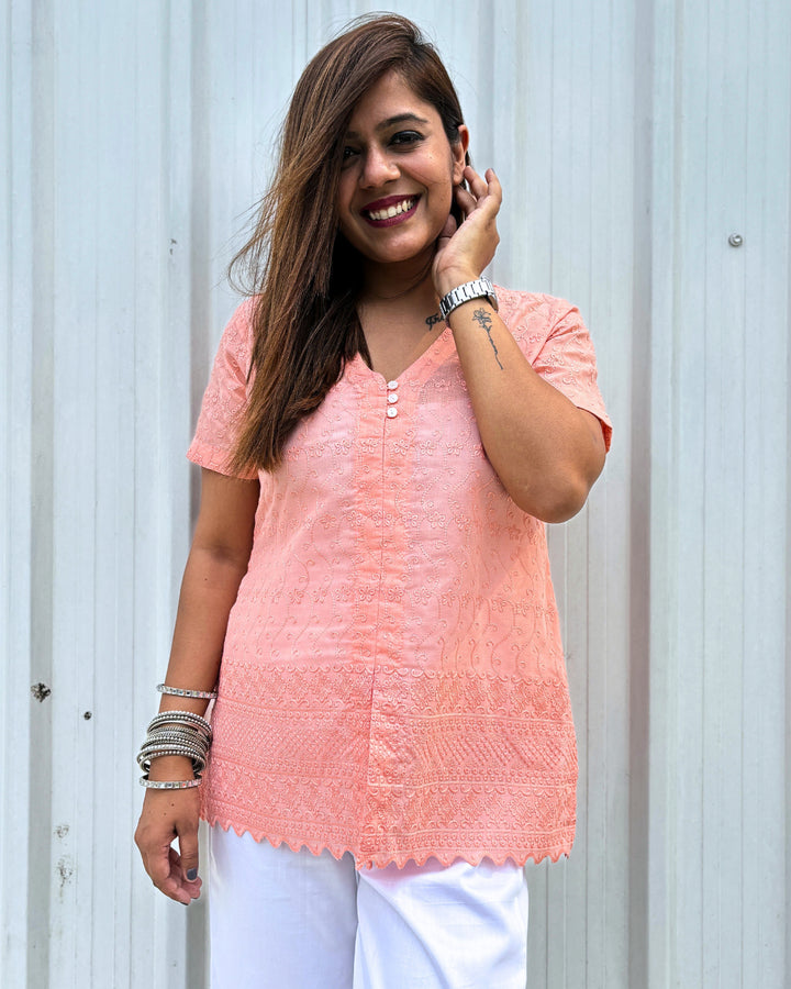 Peach Cotton Embroidered Chikankari Short Kurti