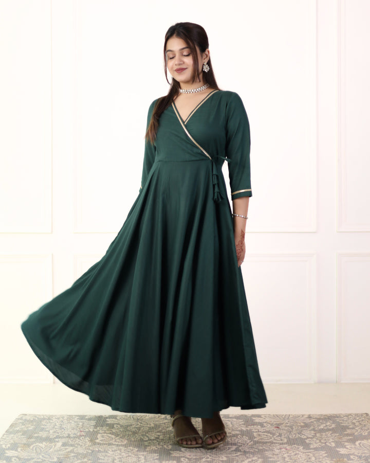 Bottle Green Cotton Angrakha Kurta