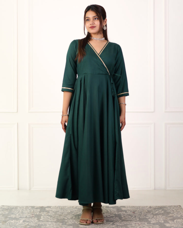 Bottle Green Cotton Angrakha Kurta