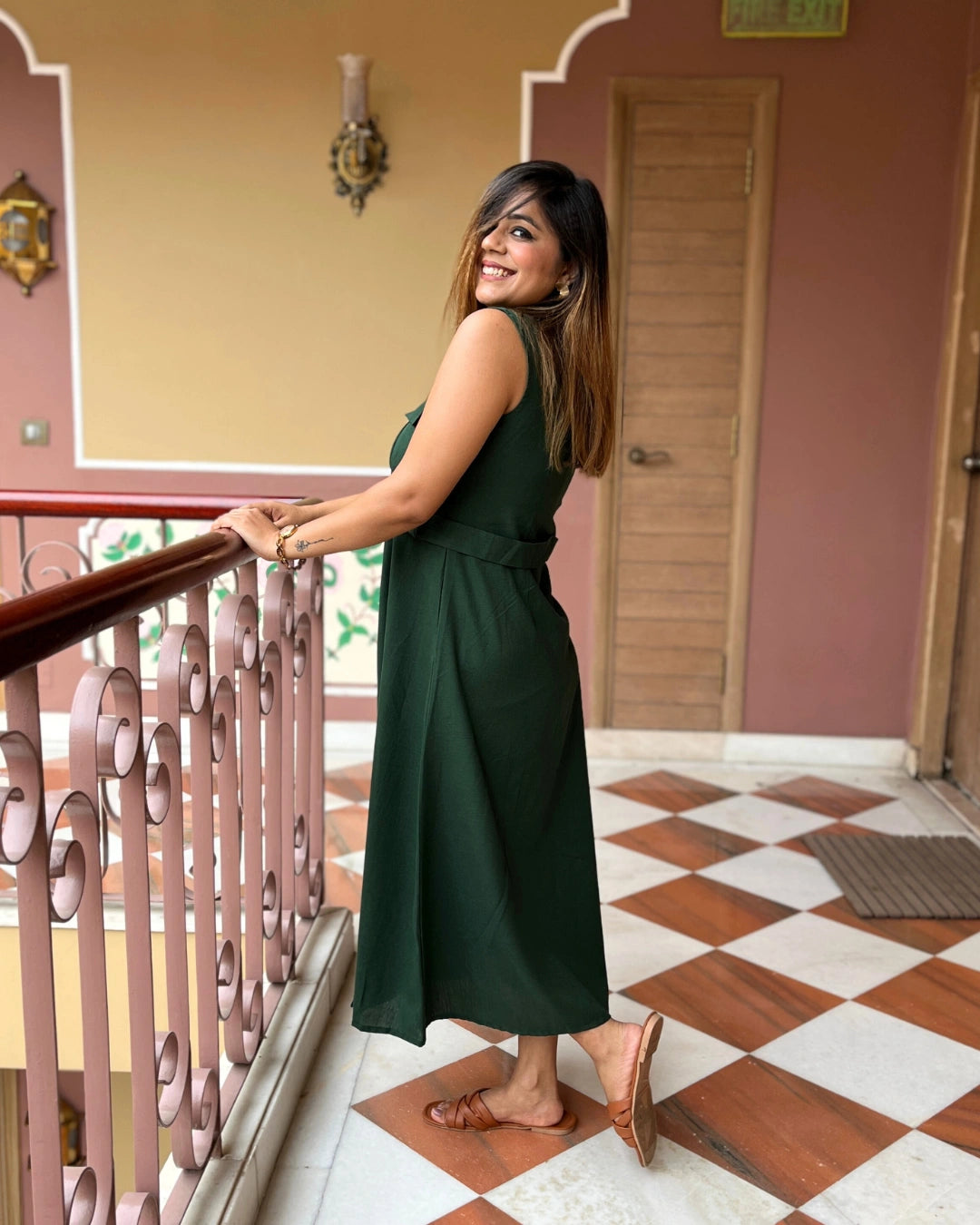 Bottle Green Sleeveless Midi Shirt Dress For Women  The Svaya