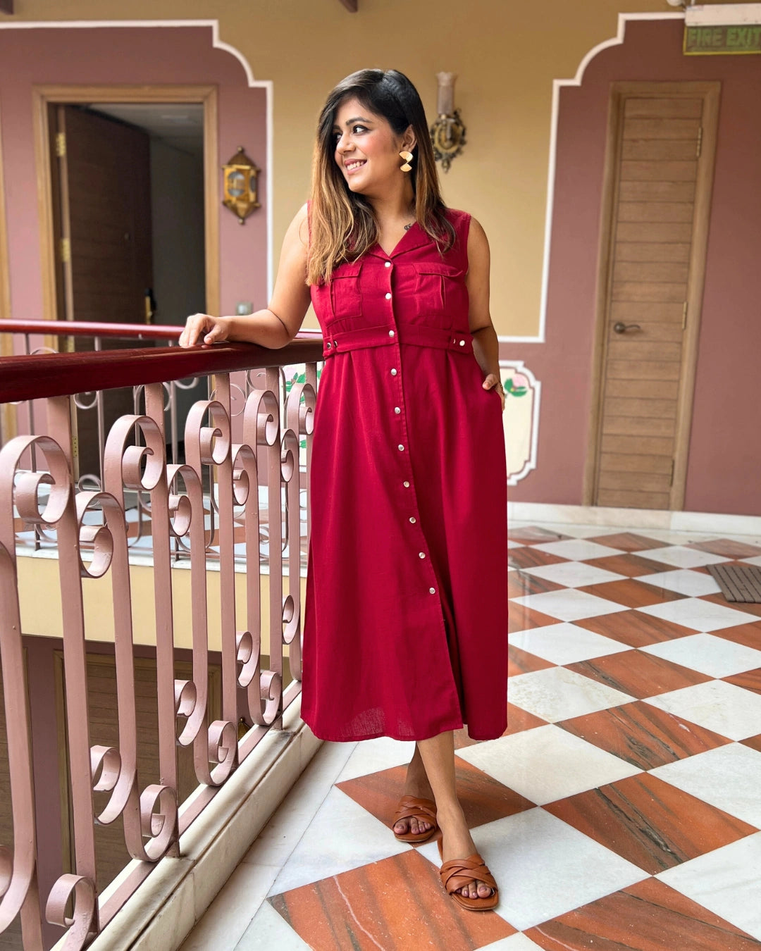 brick red dress Brick Red Sleeveless Midi Shirt Dress For Women – The Svaya