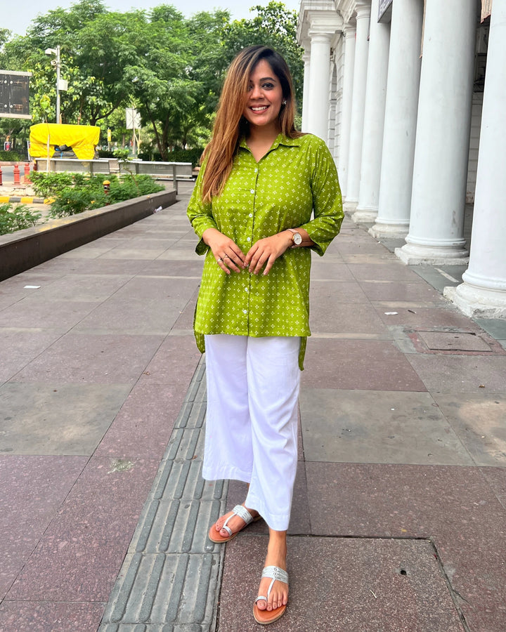 Bright Green Long Cotton Shirt for Women