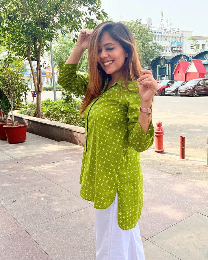 Bright Green Long Cotton Shirt for Women