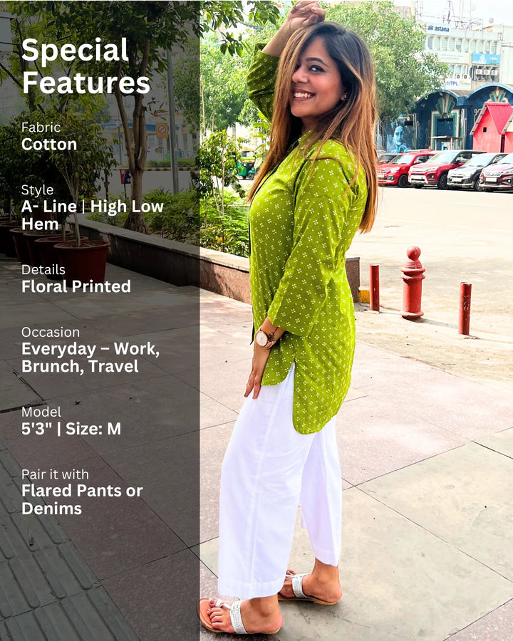 Bright Green Long Cotton Shirt for Women