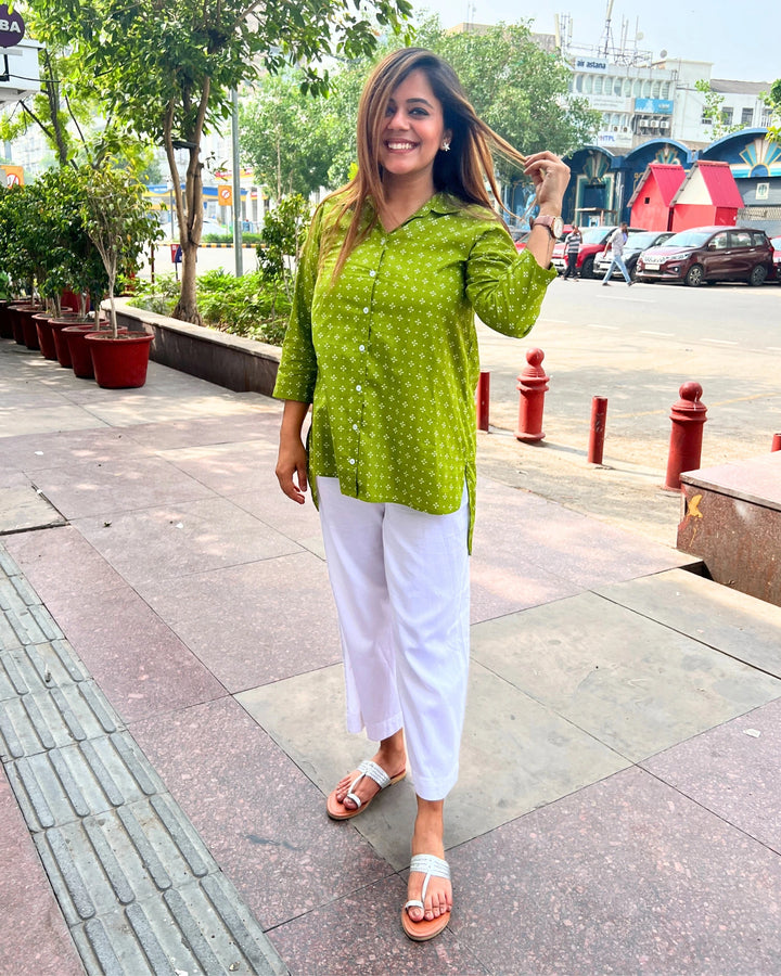 Bright Green Long Cotton Shirt for Women