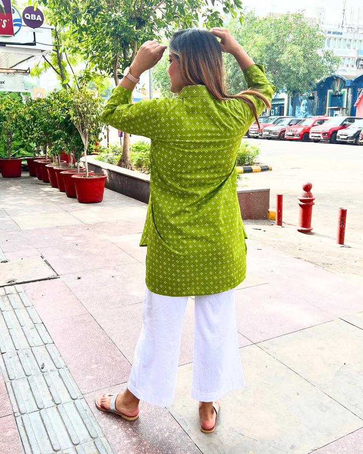 Bright Green Long Cotton Shirt for Women