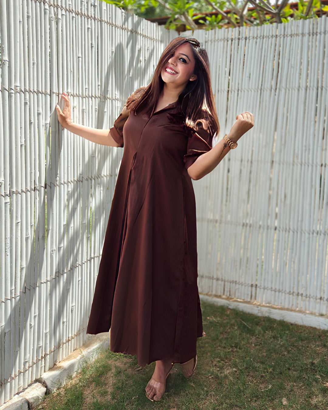 Brown Cotton A-line Dress The Svaya Brown Cotton A-line Dress The Svaya