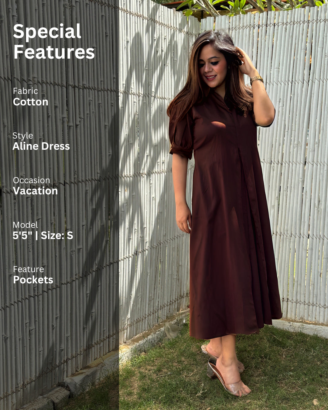 Brown Cotton A-line Dress The Svaya Brown Cotton A-line Dress The Svaya