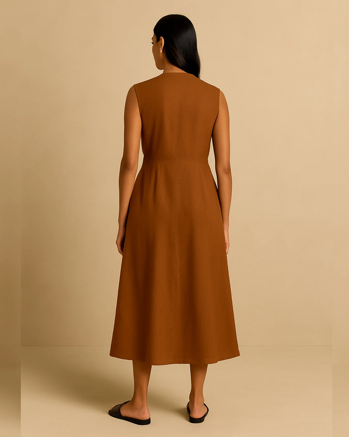 Mocha Brown V-Neck Linen Dress For Women