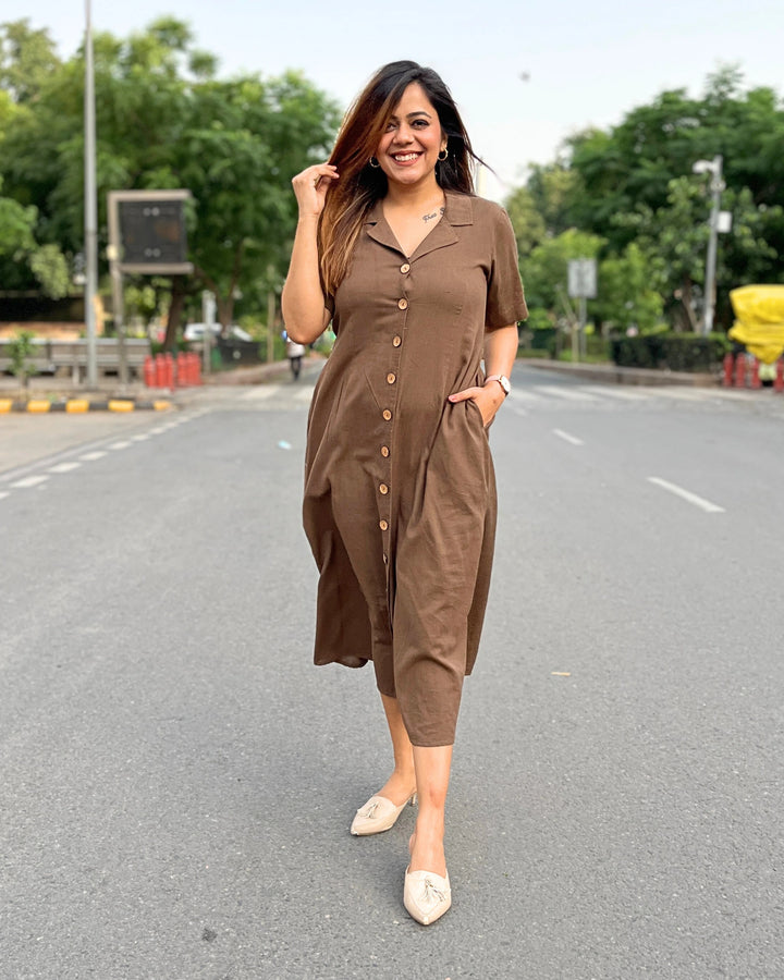 Brown All-Day Linen Women's Shirt Dress