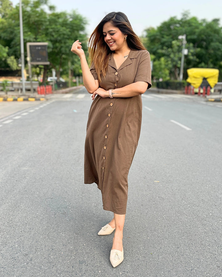 Brown All-Day Linen Women's Shirt Dress
