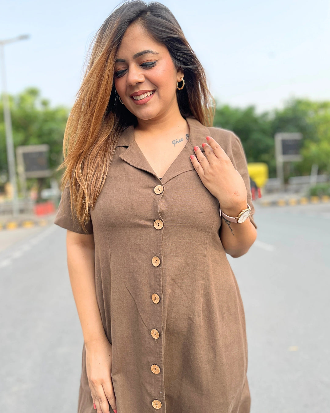 Brown All-Day Linen Women's Shirt Dress
