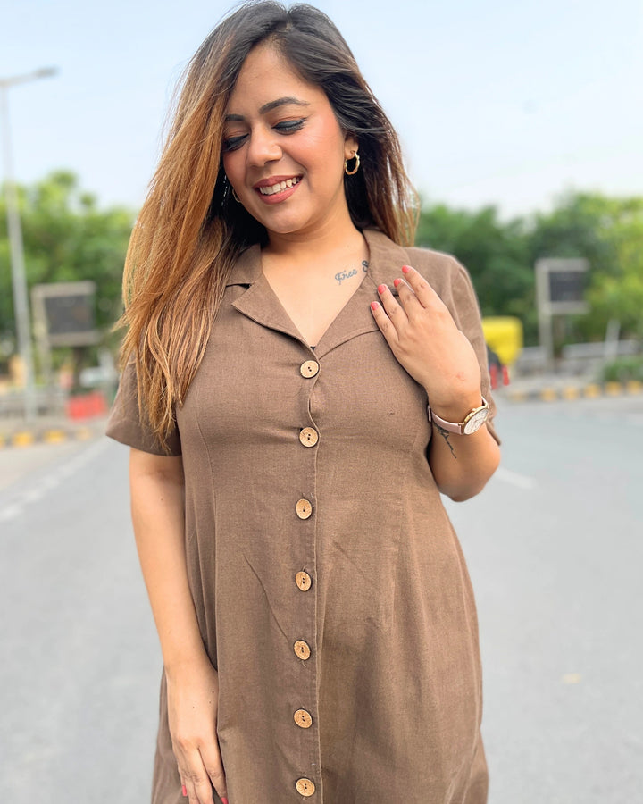 Brown All-Day Linen Women's Shirt Dress