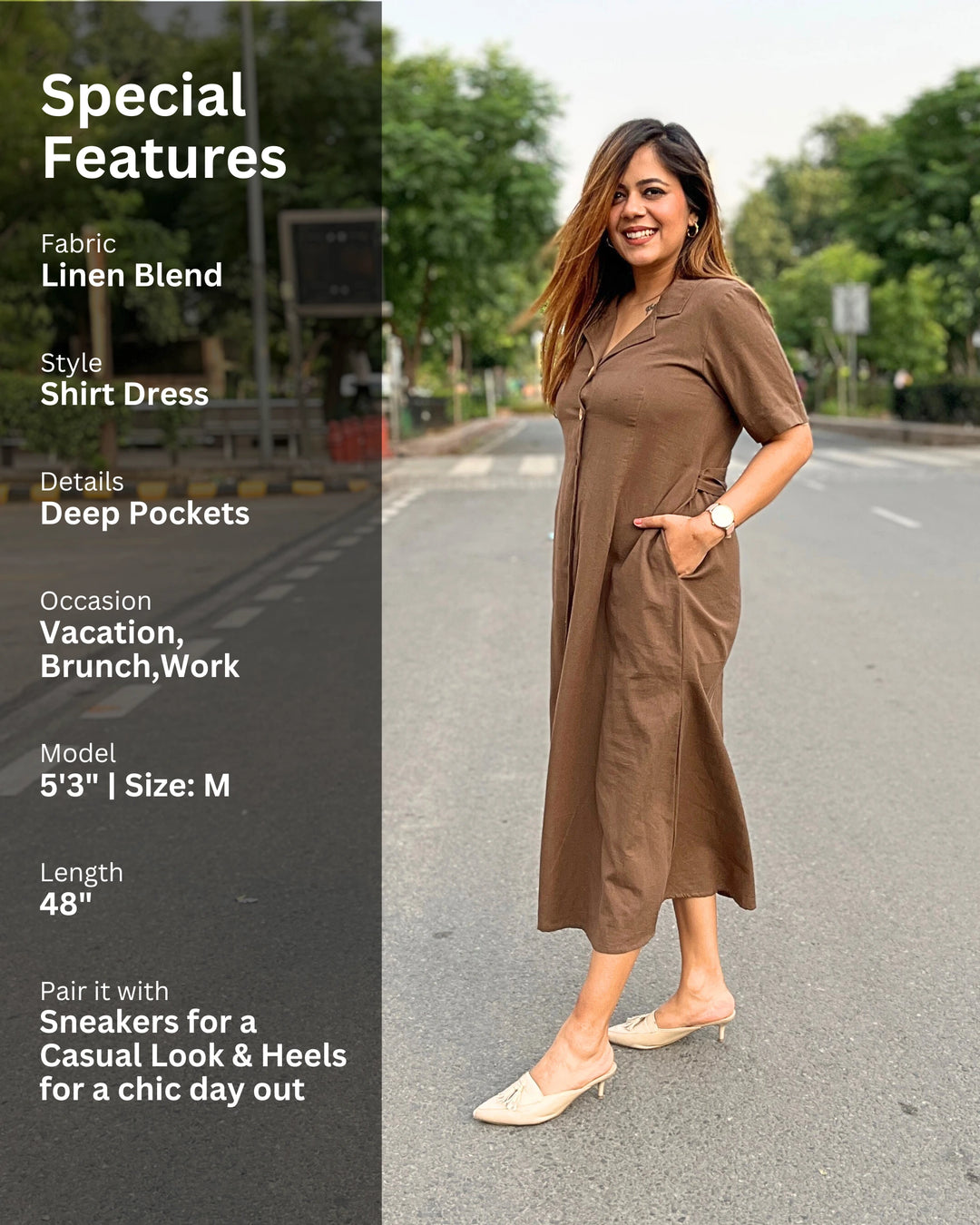 Brown All-Day Linen Women's Shirt Dress