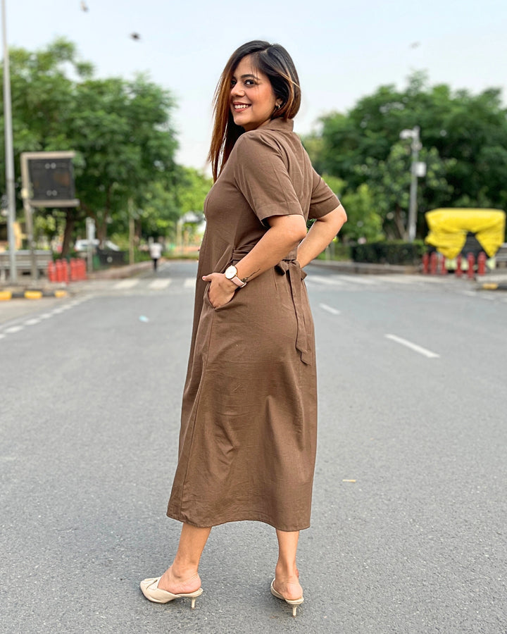 Brown All-Day Linen Women's Shirt Dress