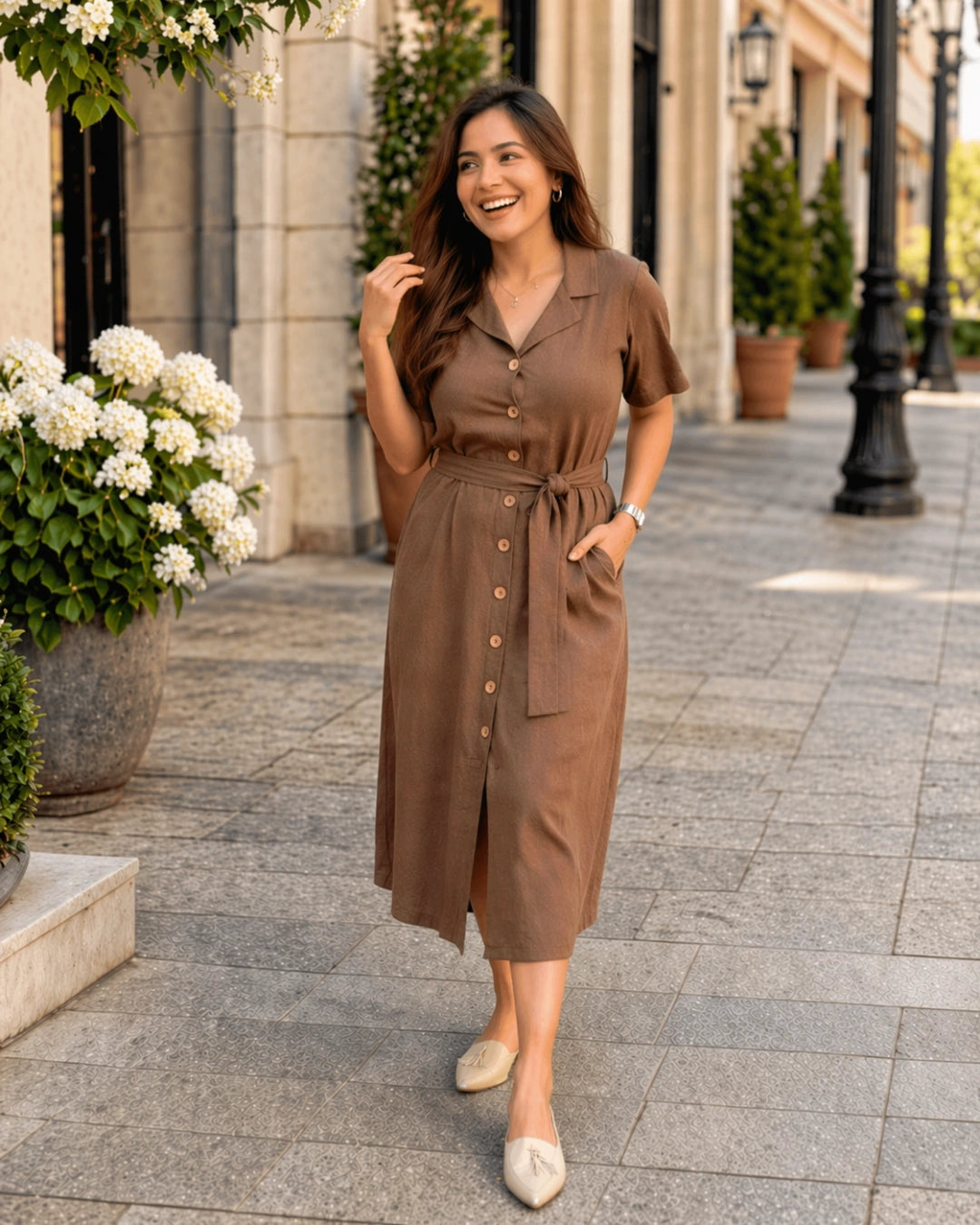 knee length dresses for ladies Brown All-Day Linen Women's Shirt Dress – The Svaya