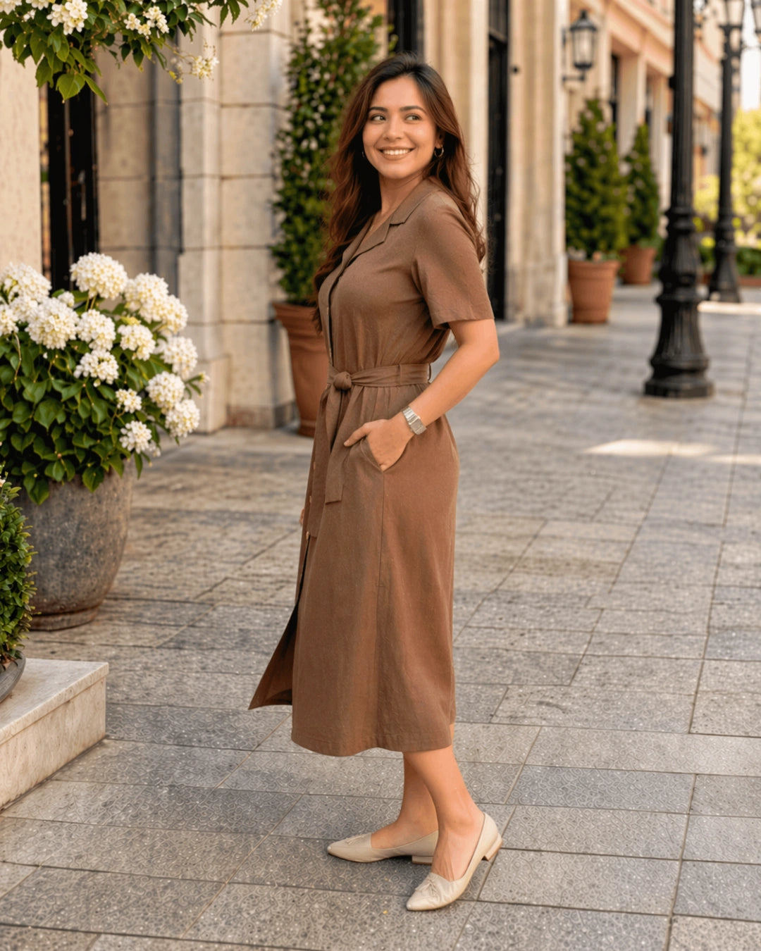 linen brown dress Natural Linen Wrap Dress - Midi, Cocktail, Summer, Wedding guest - Almond Brown