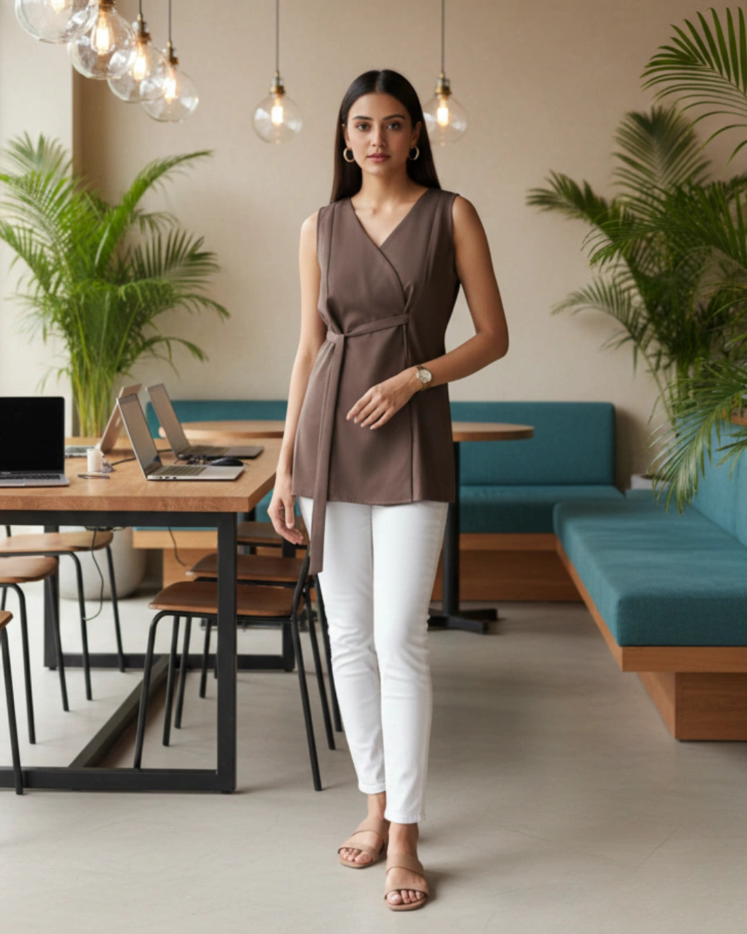 Brown Crepe Power Blazer Top For Women