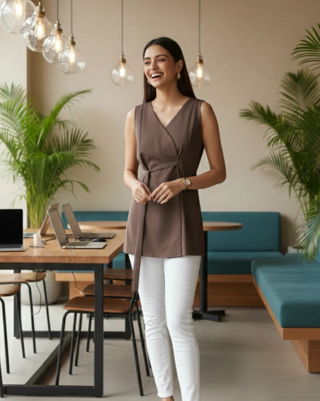 Brown Crepe Power Blazer Top For Women