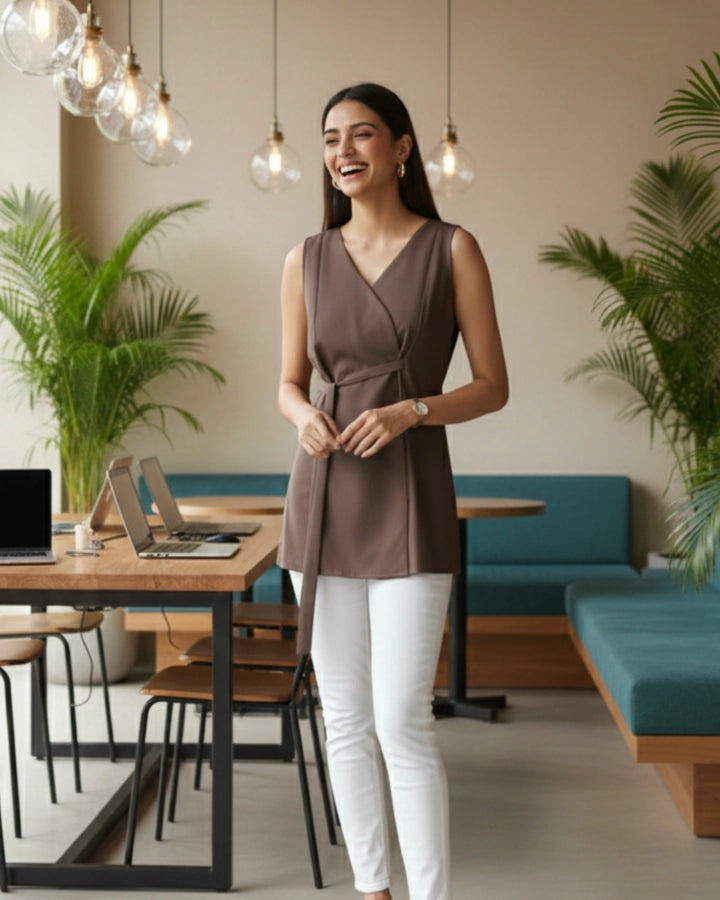 Brown Crepe Power Blazer Top For Women