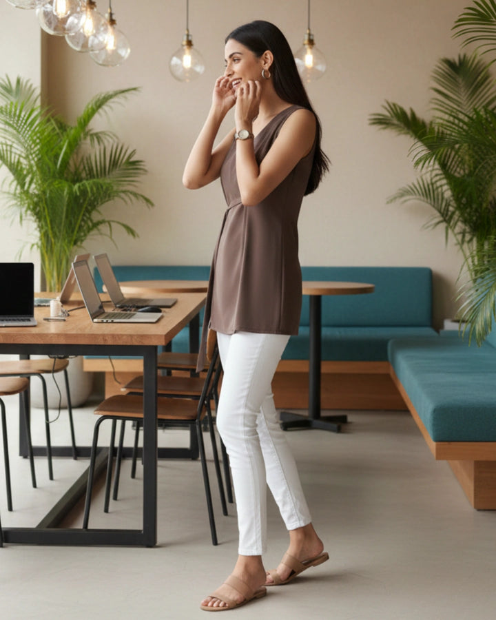 Brown Crepe Power Blazer Top For Women