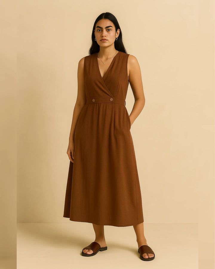 Mocha Brown V-Neck Linen Dress For Women