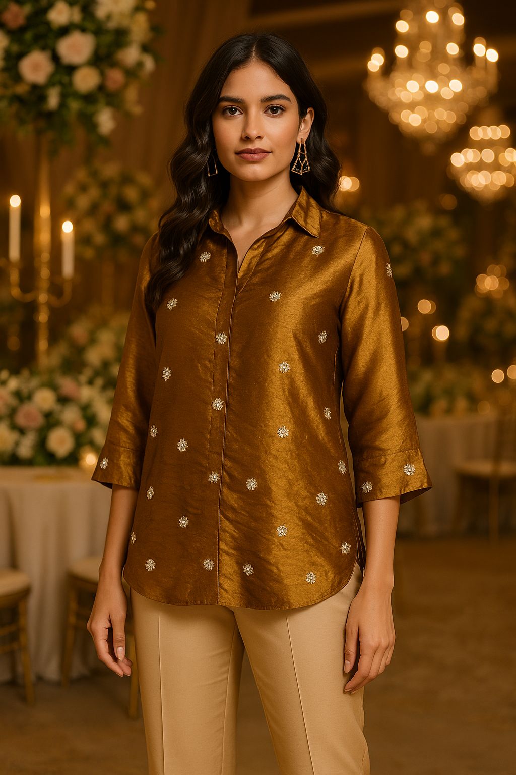 Bronze Embroidered Soft Tissue Shirt For Women