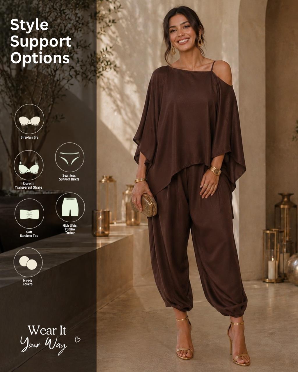 Brown Satin Indo Western Dramebaaz Cape Cowl Set