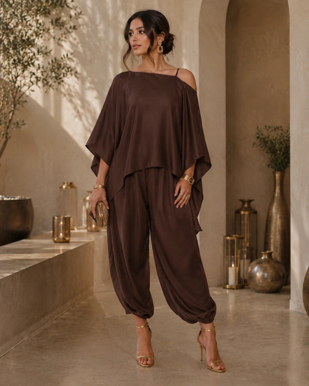 Brown Satin Indo Western Dramebaaz Cape Cowl Set