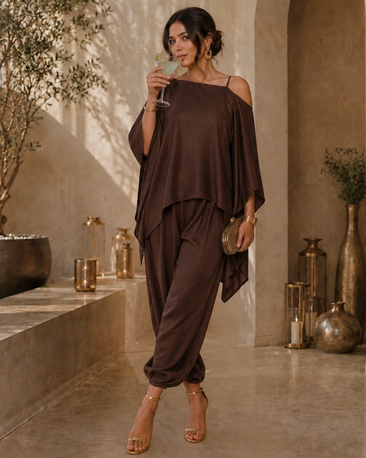 Brown Satin Indo Western Dramebaaz Cape Cowl Set