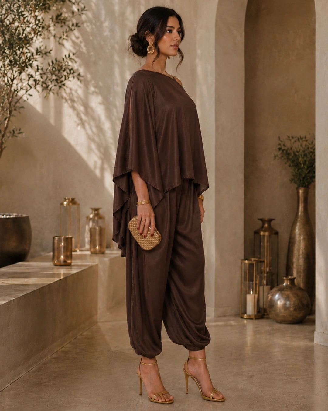 Brown Satin Indo Western Dramebaaz Cape Cowl Set