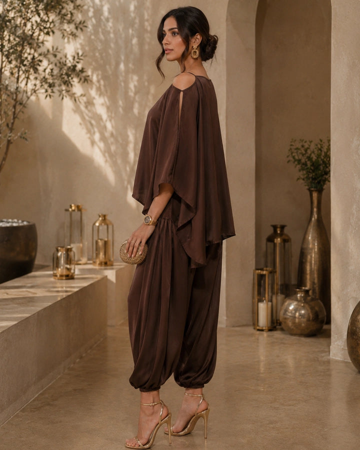 Brown Satin Indo Western Dramebaaz Cape Cowl Set