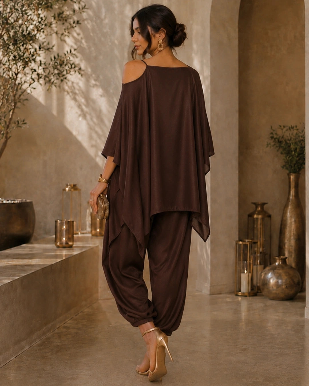 Brown Satin Indo Western Dramebaaz Cape Cowl Set