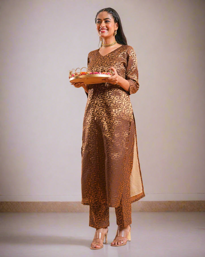 Brown Zoya Silk Kurta Set For Women