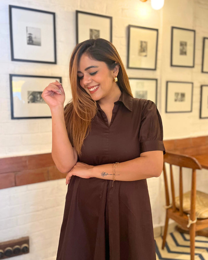 Brown Cotton A-line Dress