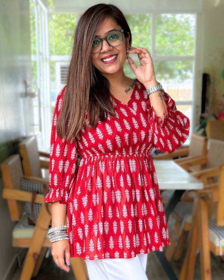 Red Cotton Peplum Top