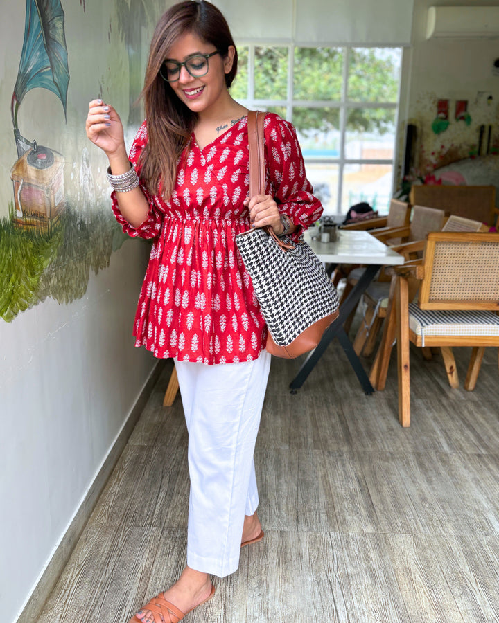 Red Cotton Peplum Top