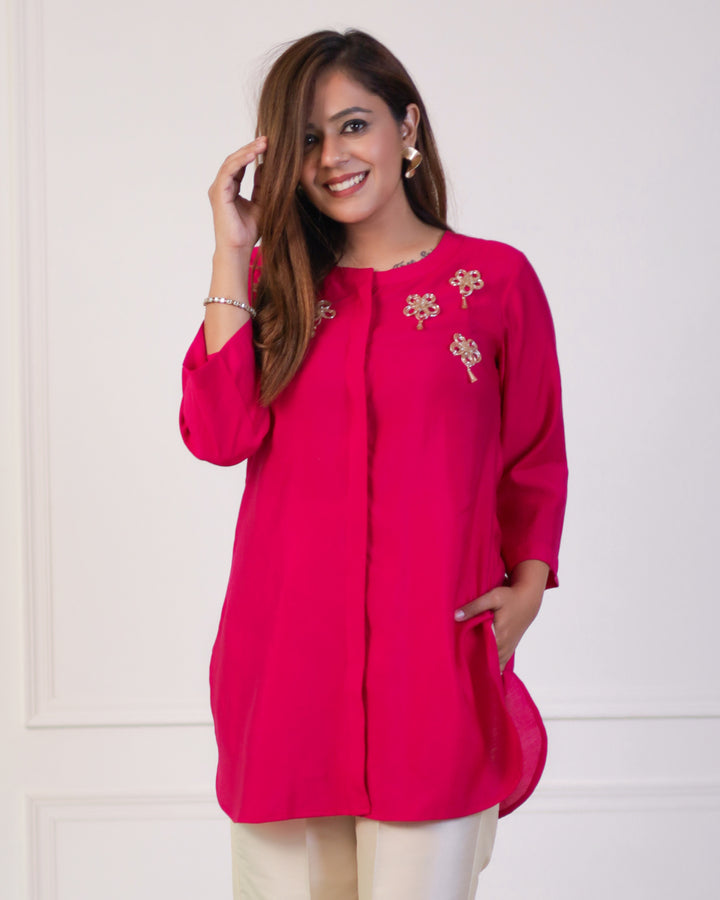 Cerise Pink Solid Embellished Shirt