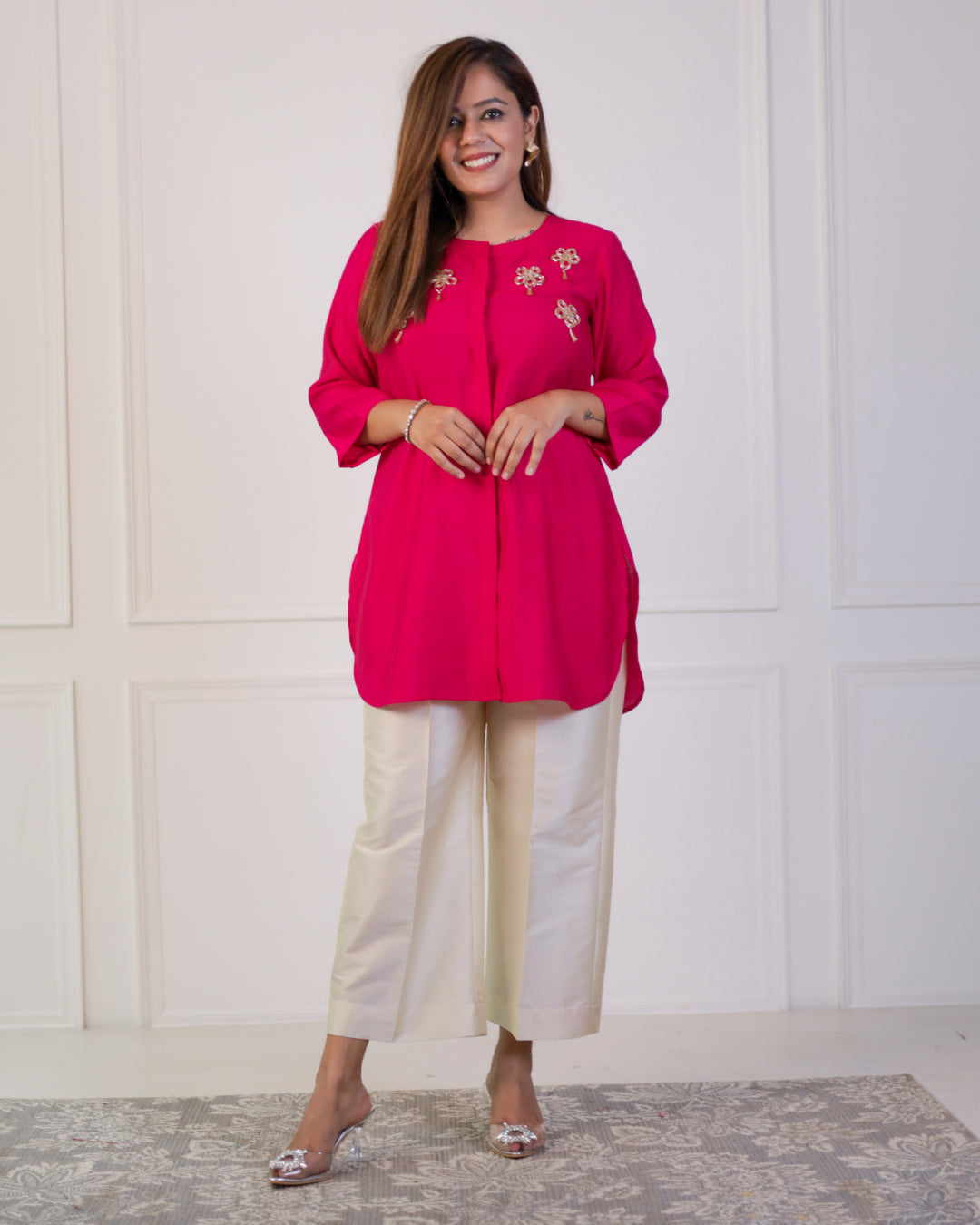 Cerise Pink Solid Embellished Shirt