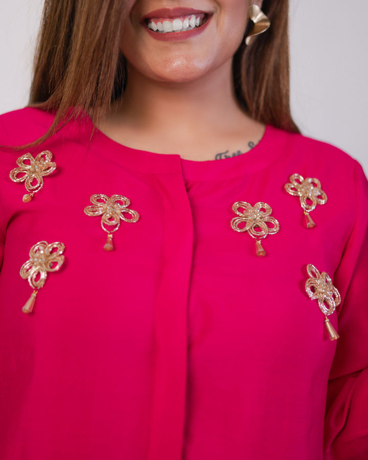 Cerise Pink Solid Embellished Shirt