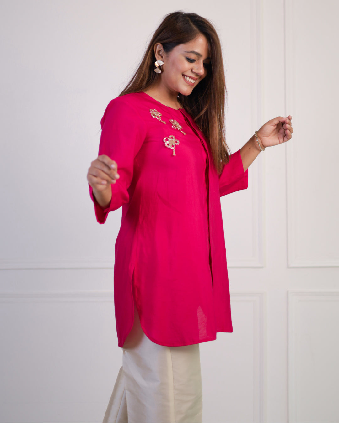 Cerise Pink Solid Embellished Shirt