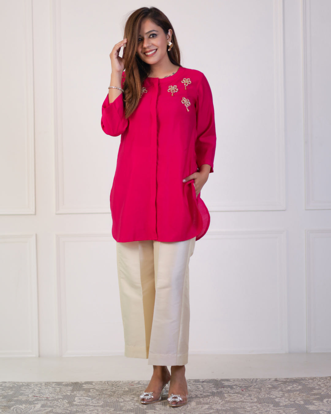 Cerise Pink Solid Embellished Shirt