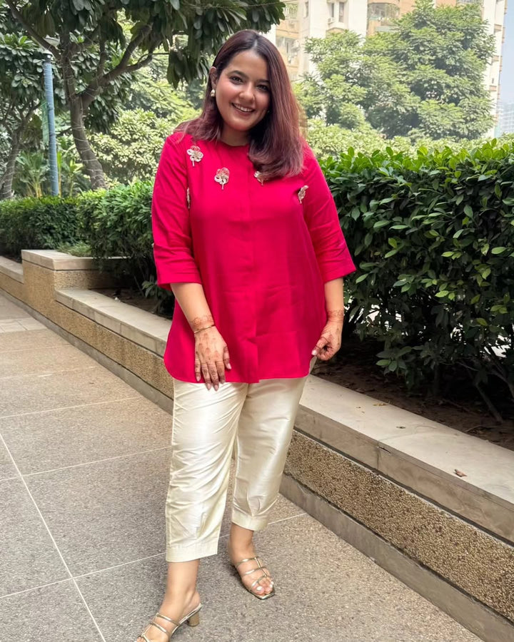 Cerise Pink Solid Embellished Shirt
